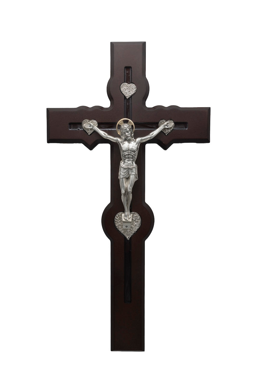 CRUZ MADERA CORAZÓN PLATA
