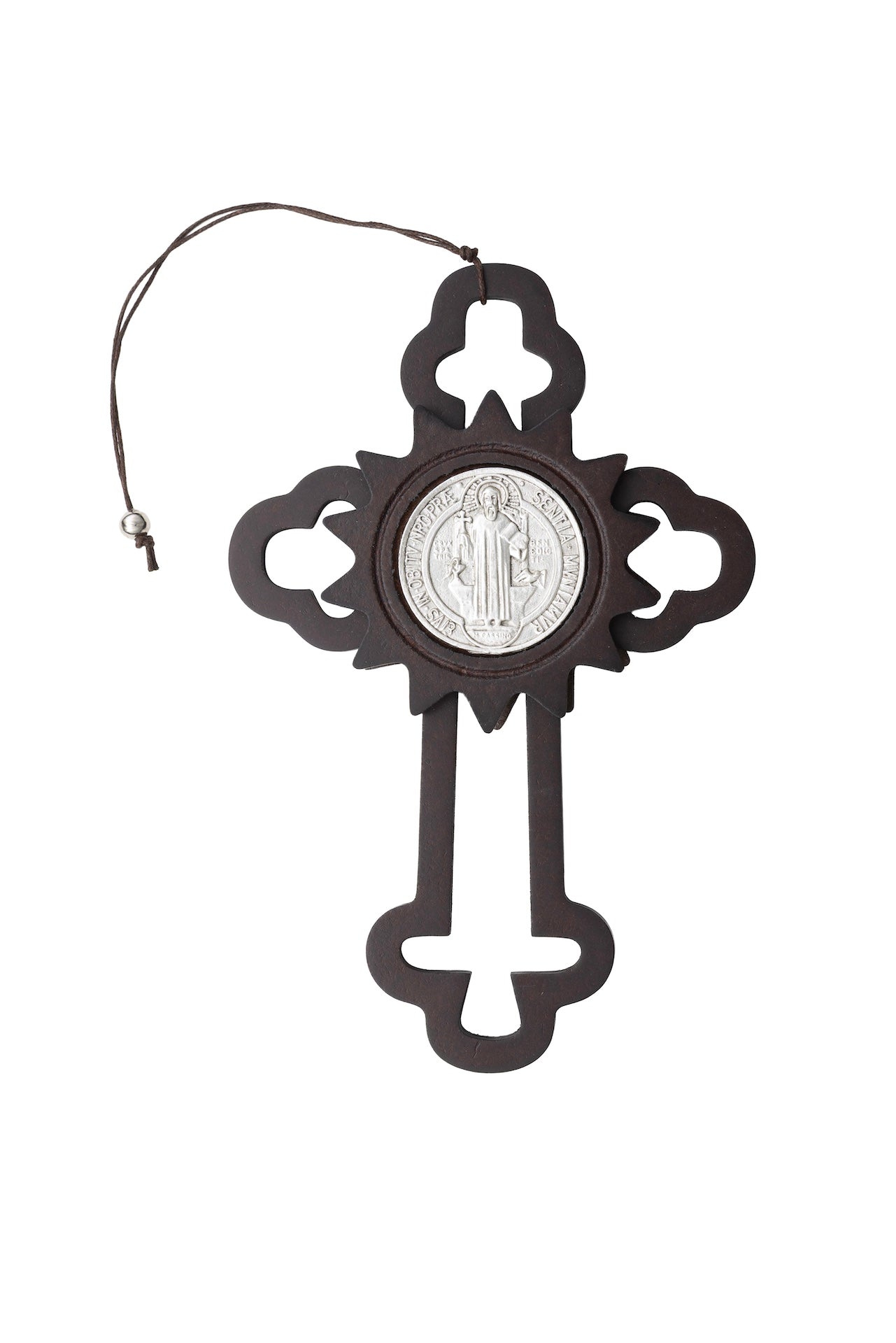 CRUZ DE MADERA SAN BENITO CON RESPLANDOR PLATA