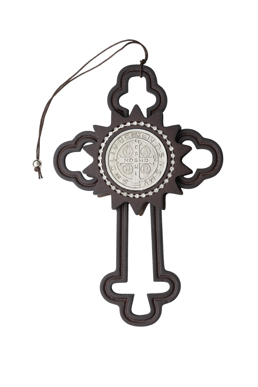 CRUZ DE MADERA SAN BENITO CON RESPLANDOR PLATA