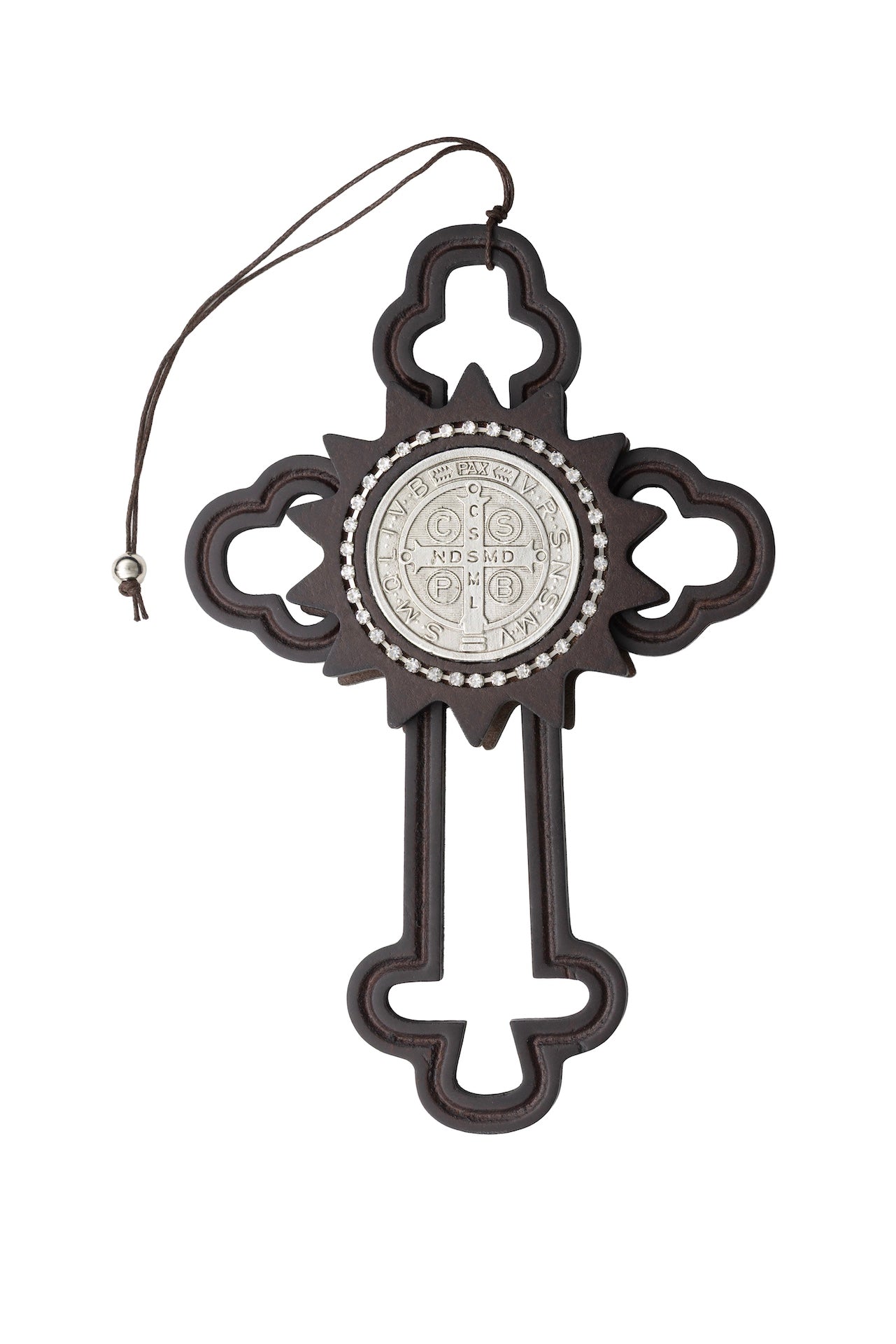 CRUZ DE MADERA SAN BENITO CON RESPLANDOR PLATA
