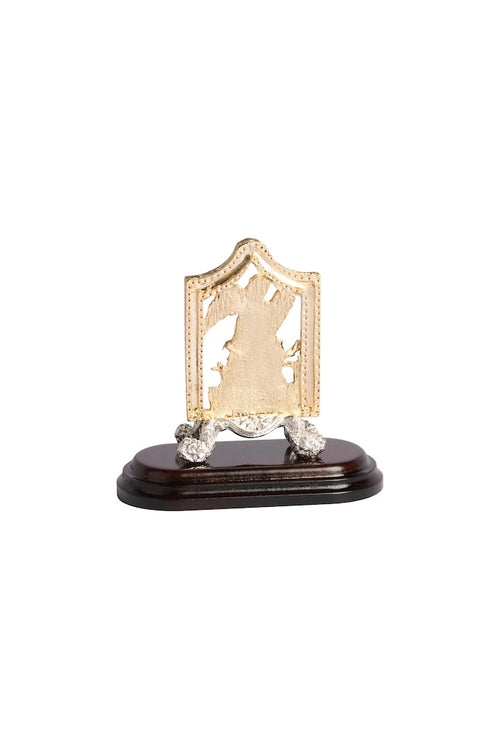 ANGEL EN MARCO PLATA CON PEDESTAL DORADO BASE MADERA