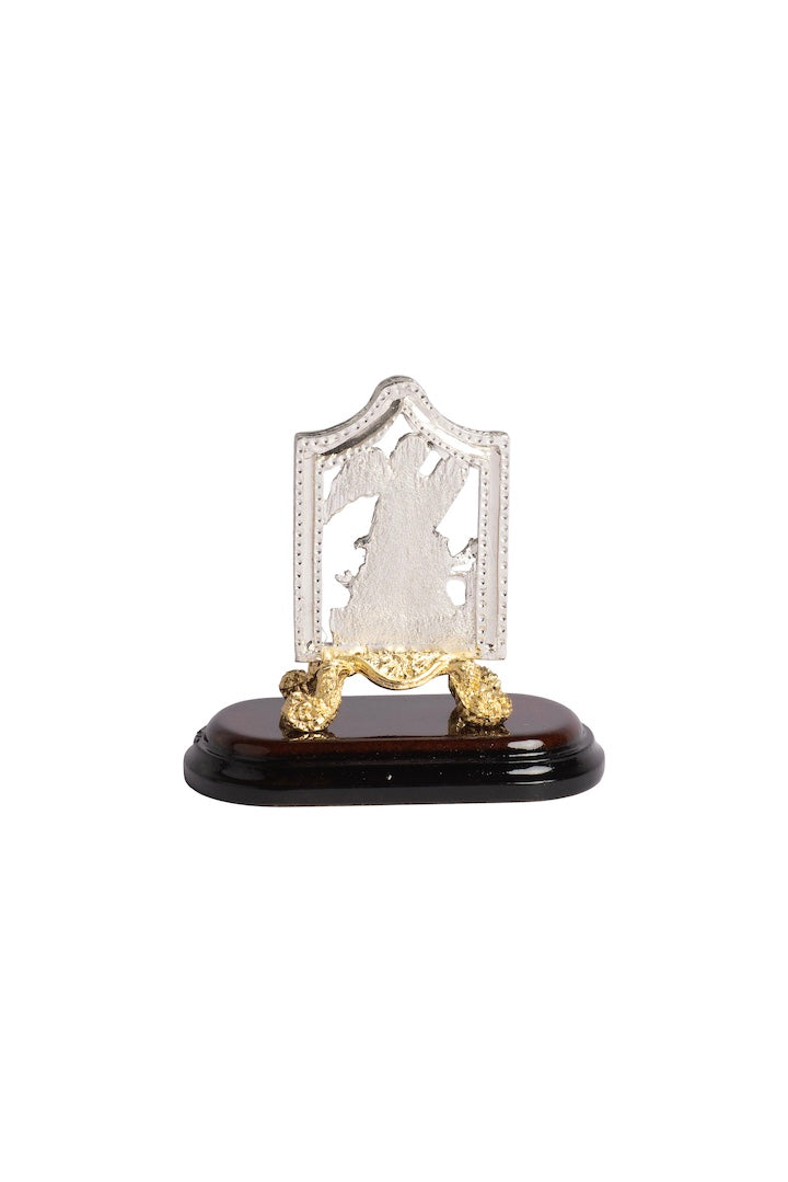 ANGEL EN MARCO DORADO CON PEDESTAL PLATA BASE MADERA