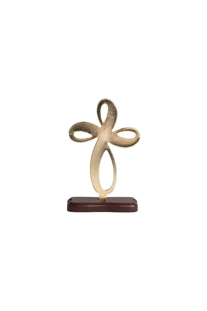 CRUZ ANGEL DORADA CON PIEDRA BASE MADERA