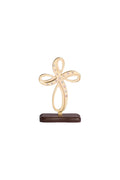 CRUZ ANGEL DORADA CON PIEDRA BASE MADERA