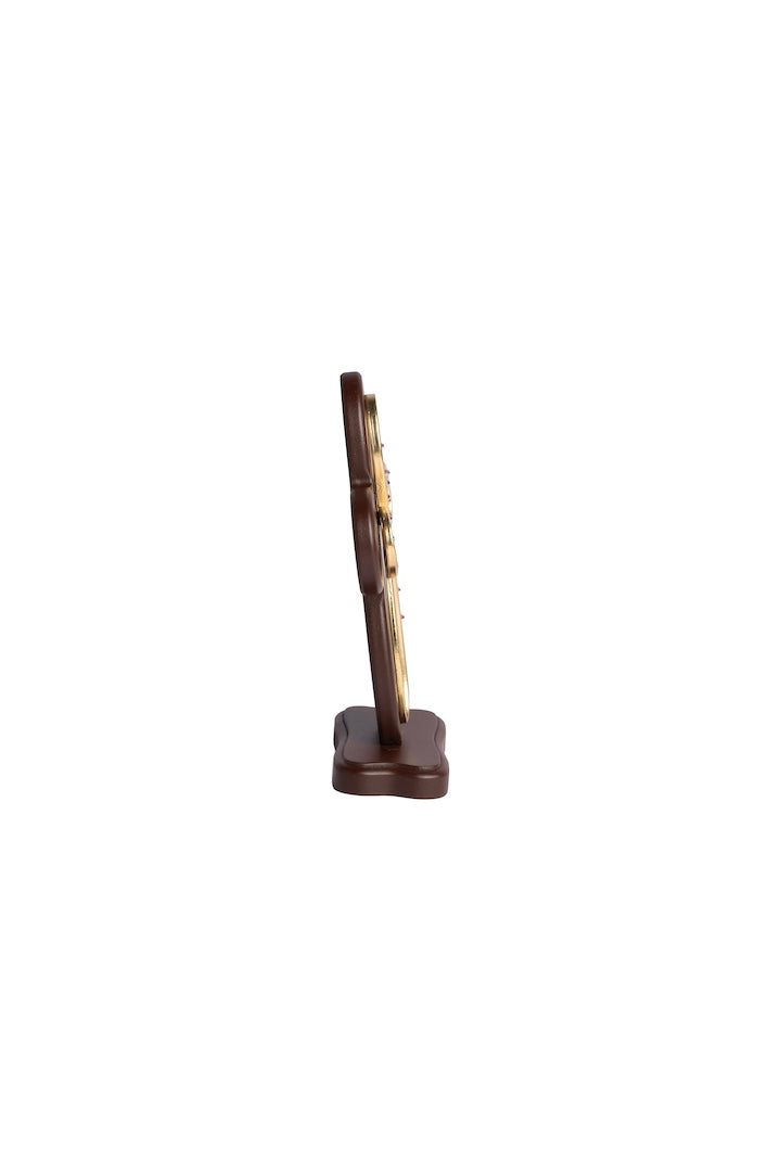 CRUZ ANGEL DORADA CON PIEDRA MADERA CON BASE