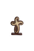 CRUZ ANGEL DORADA CON PIEDRA MADERA CON BASE