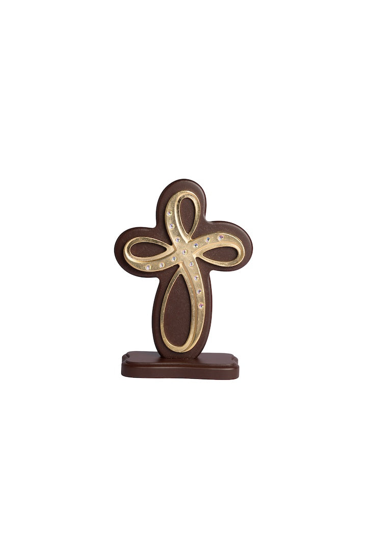 CRUZ ANGEL DORADA CON PIEDRA MADERA CON BASE