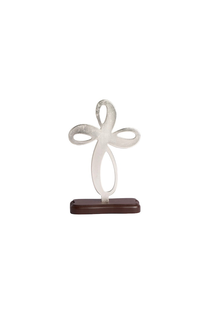 CRUZ ANGEL PLATA CON PIEDRA BASE MADERA
