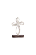 CRUZ ANGEL PLATA CON PIEDRA BASE MADERA