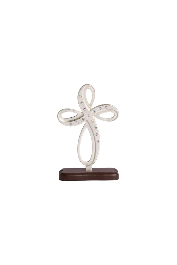 CRUZ ANGEL PLATA CON PIEDRA BASE MADERA