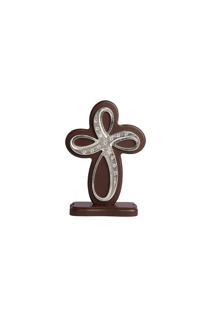 CRUZ ANGEL PLATA CON PIEDRA MADERA CON BASE