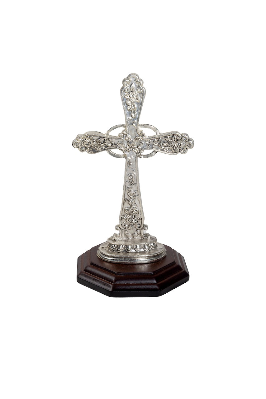 CRUZ BODA PLATA CON BASE MADERA