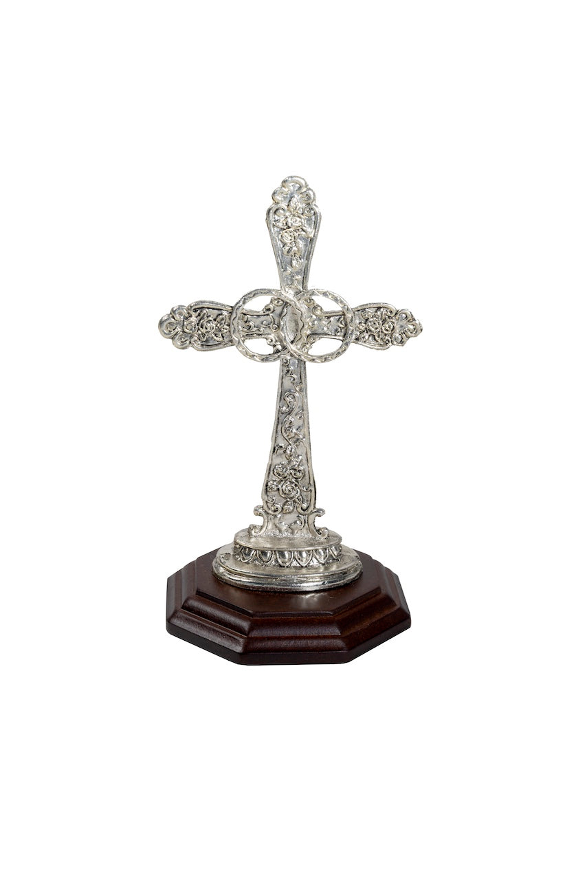 CRUZ BODA PLATA CON BASE MADERA