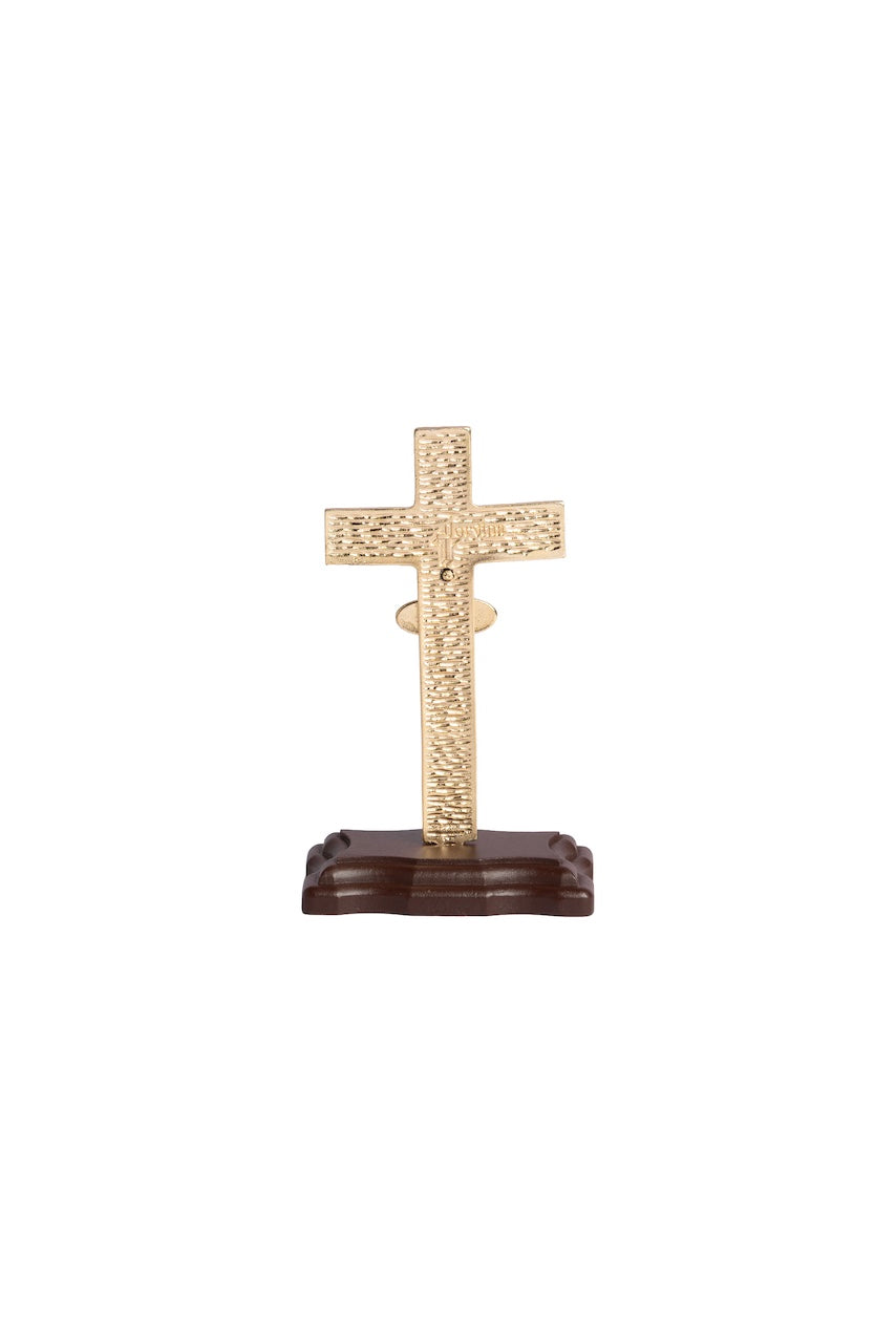 CRUZ CALIZ DORADA CON BASE MADERA