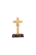 CRUZ CALIZ DORADA CON BASE MADERA