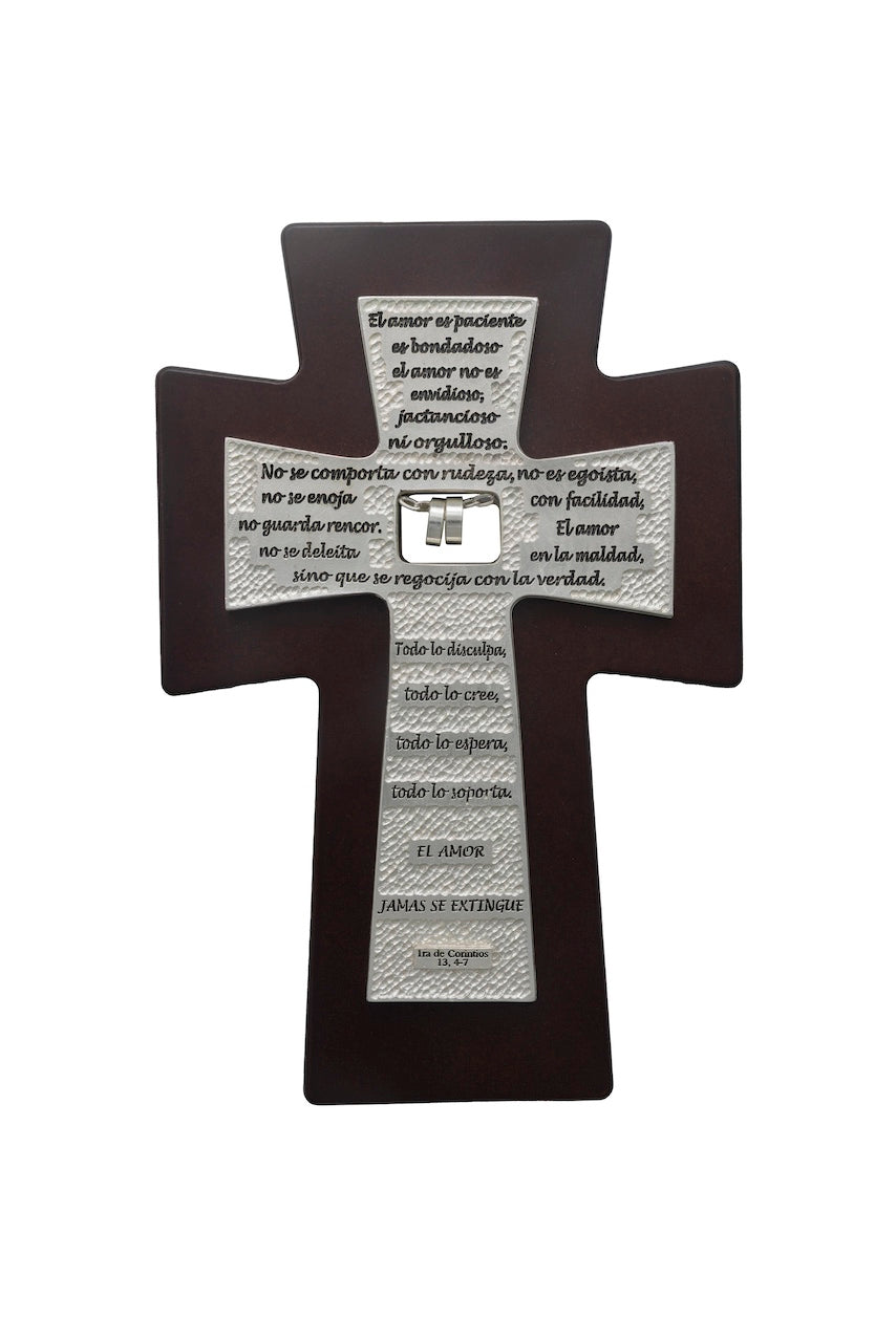CRUZ CON TEXTO AMOR PARA MATRIMONIO PLATA  EN MADERA