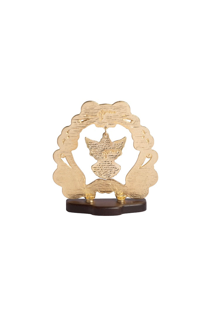 MARCO ANGEL COLGANTE DORADO CON BASE MADERA