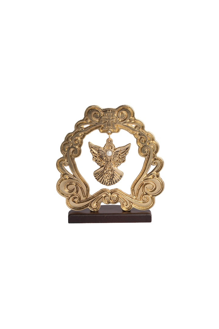 MARCO ANGEL COLGANTE DORADO CON BASE MADERA