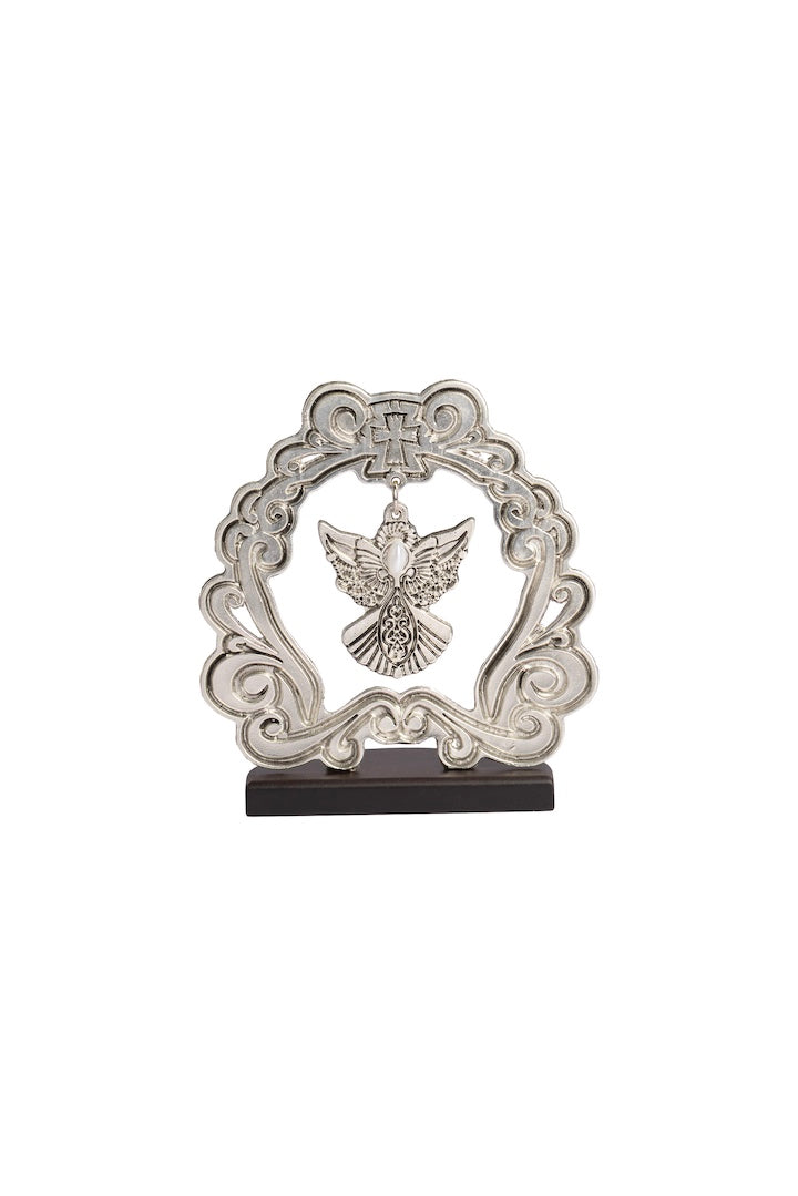 MARCO ANGEL COLGANTE PLATA CON BASE MADERA