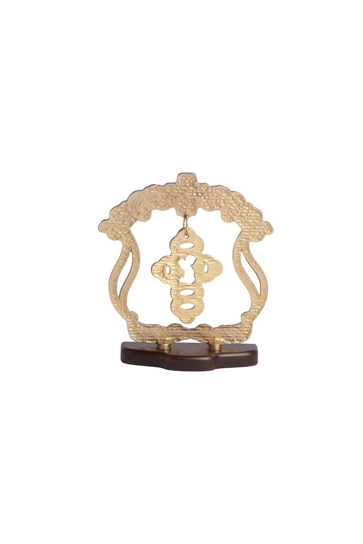 MARCO CRUZ ANGEL COLGANTE DORADO CON BASE MADERA