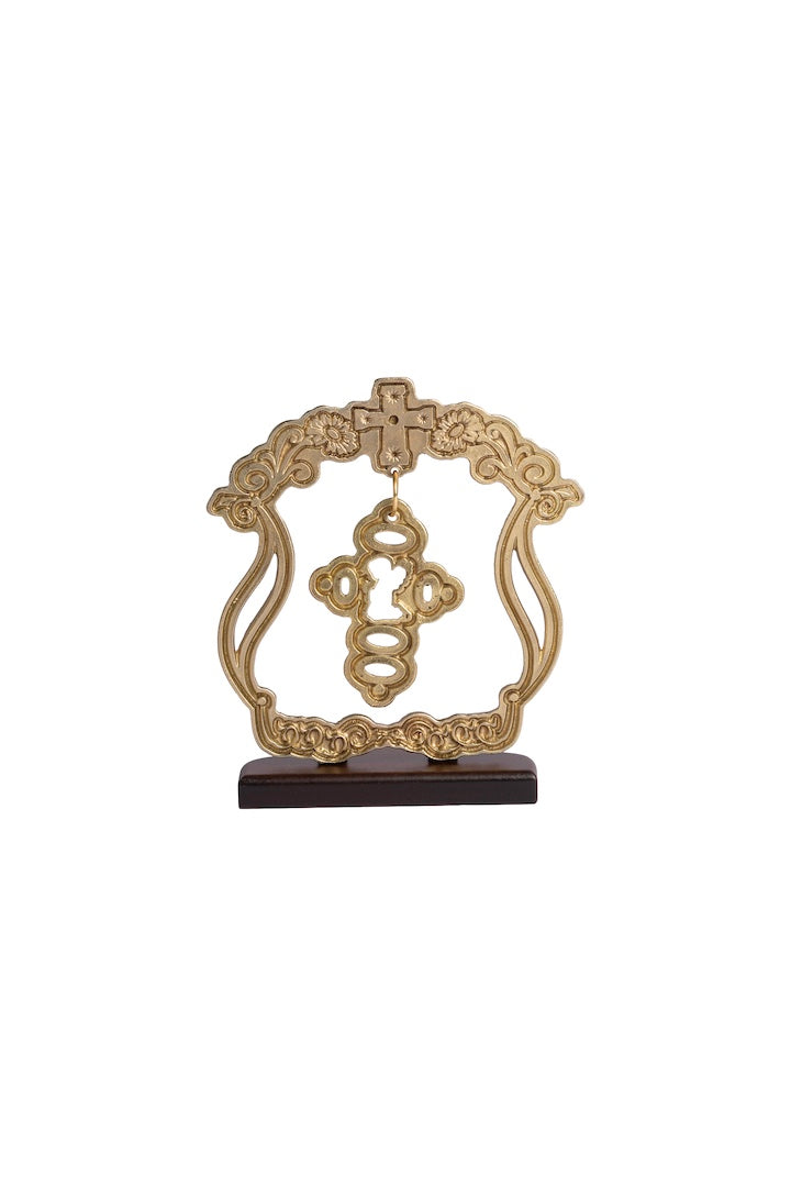 MARCO CRUZ ANGEL COLGANTE DORADO CON BASE MADERA
