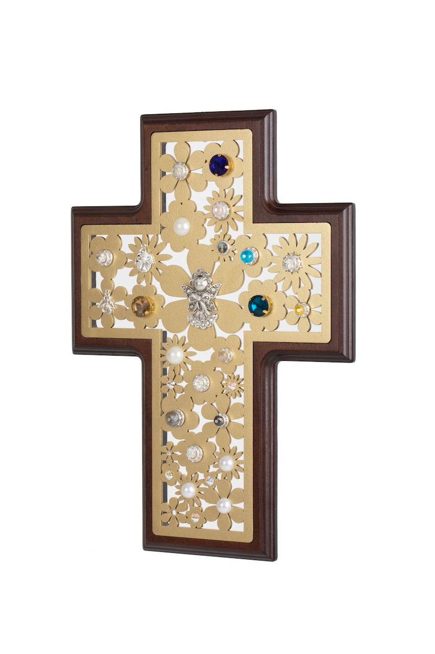 CRUZ PEDRERIA CON FLORES ORO