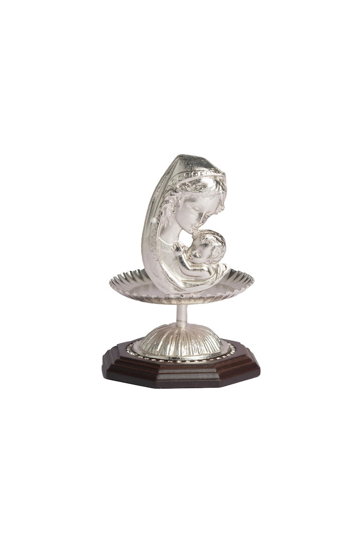 MADONA C/NIÑO PLATA CON BASE MADERA