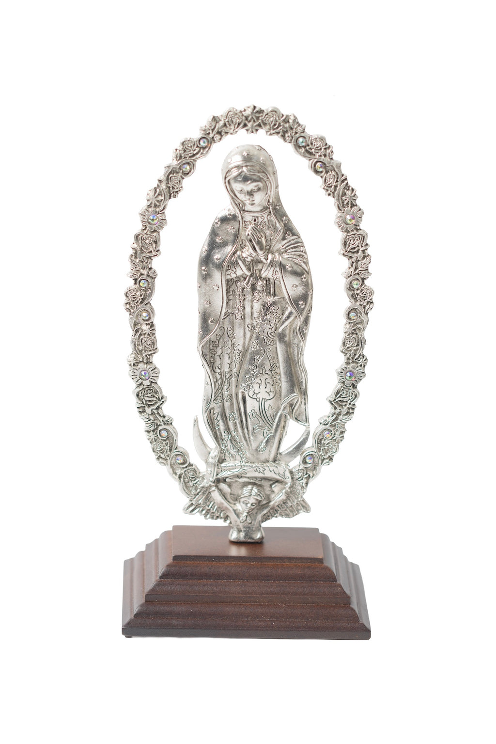 VIRGEN GUADALUPE PLATA CON BASE MADERA