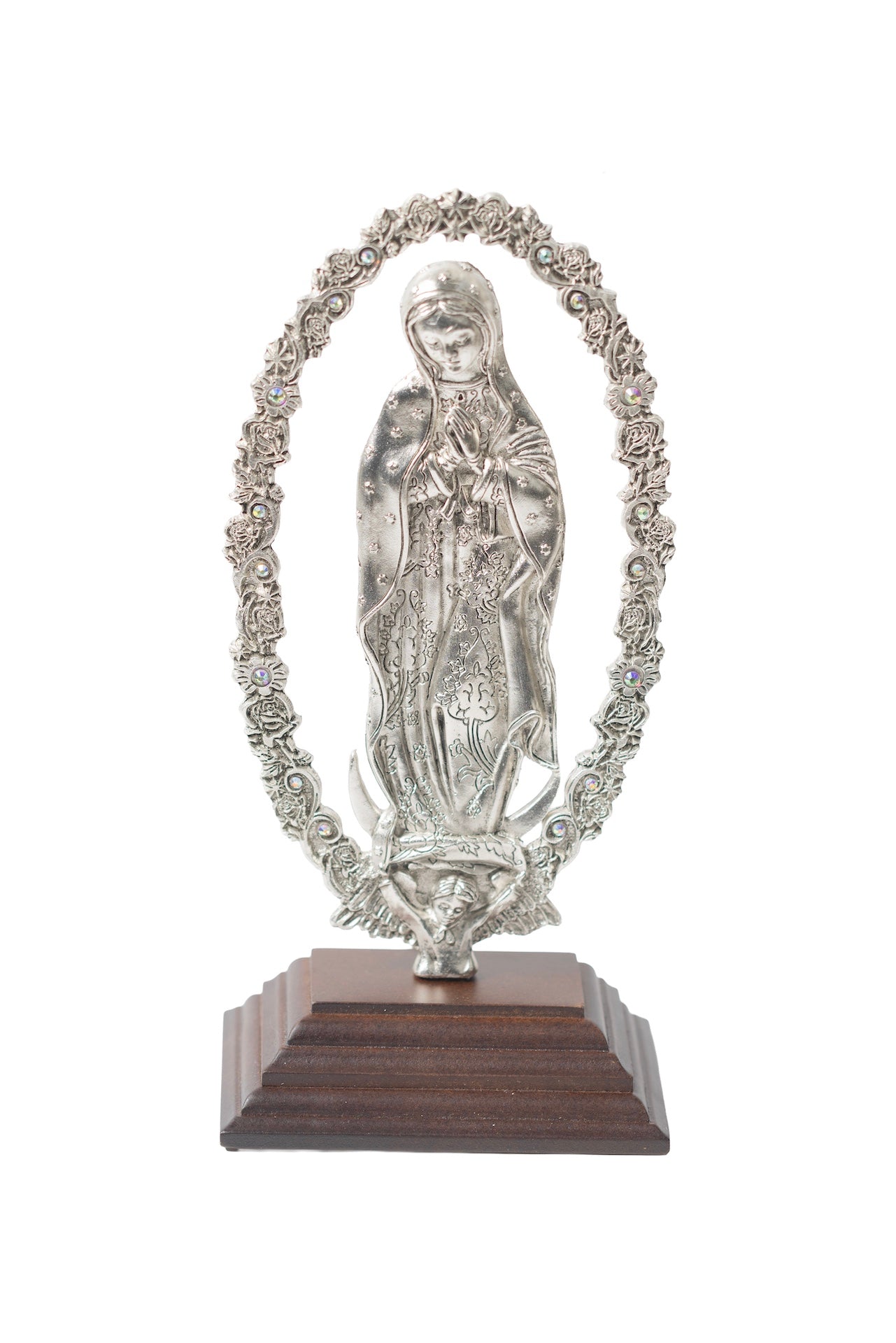 VIRGEN GUADALUPE PLATA CON BASE MADERA