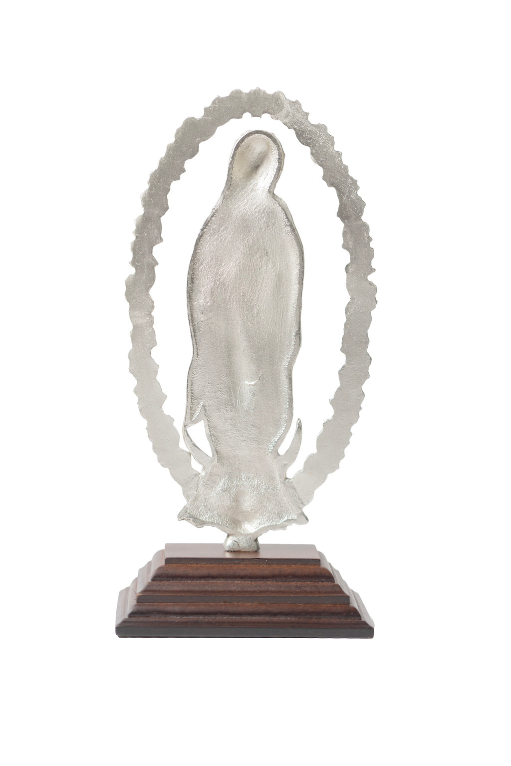 VIRGEN GUADALUPE PLATA CON BASE MADERA