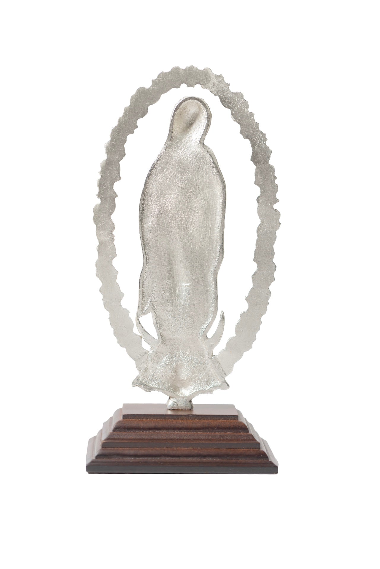 VIRGEN GUADALUPE PLATA CON BASE MADERA