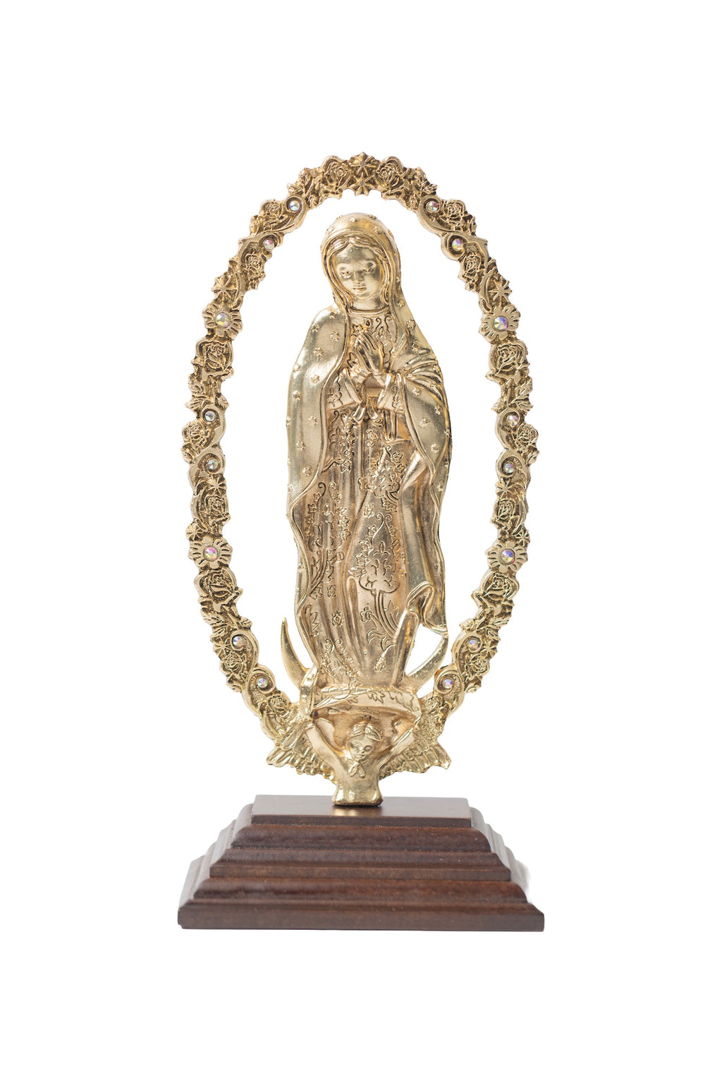VIRGEN GUADALUPE DORADA CON BASE MADERA